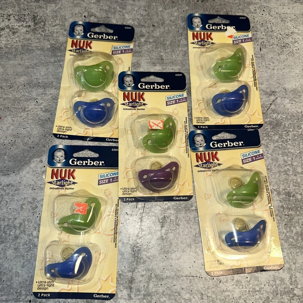 5 Sets Of 2 Gerber NUK starlight pacifier size 1 Green Silicone Green Blue